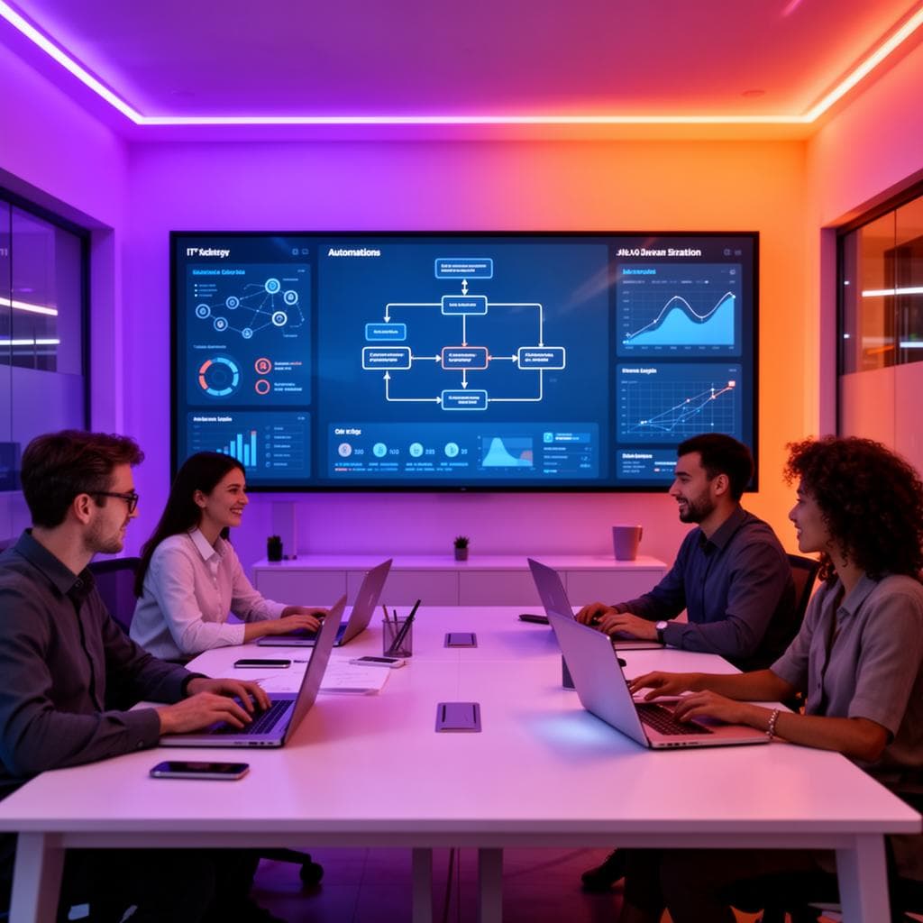 Equipe Alpha Consultoria em reunião estratégica com dashboards e automações